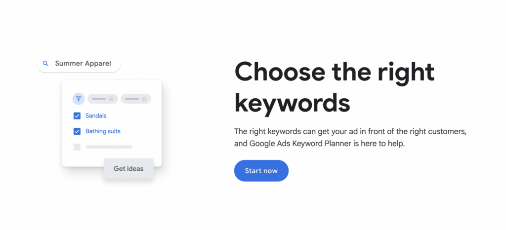 Screenshot of Google Keyword Planner homepage