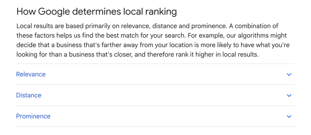 A screenshot of the Google guidance for local ranking factors