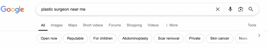 screenshot of search for 'plastic surgeon near me'