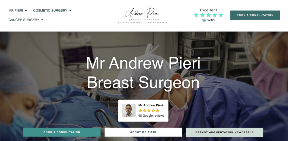 Screenshot of Andrew Pieri's plastic surgery website, showing a well-made site that is easy to use and designed to rank on search engines. 