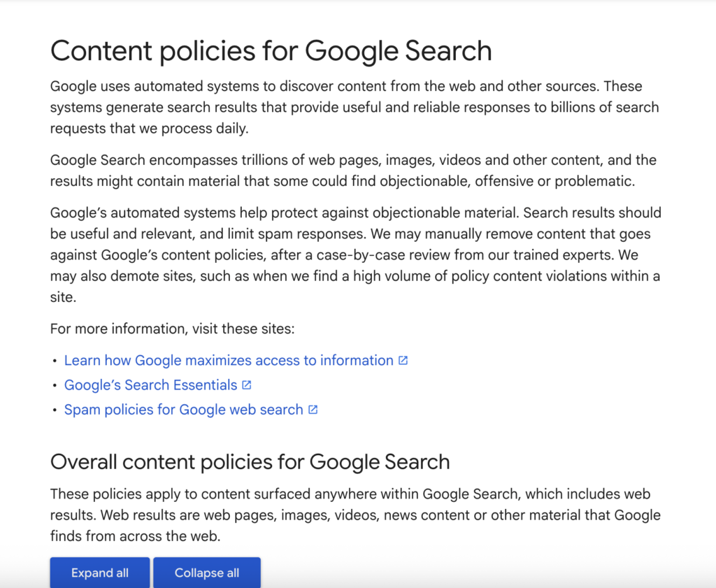 A screenshot of Google's content guidelines