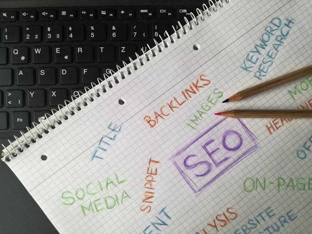 Picture of a notepad with backlinks and several other SEO terms on it