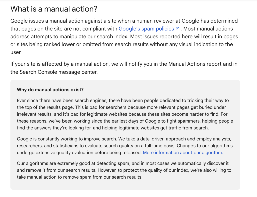 A screenshot of Google's definition of a manual action