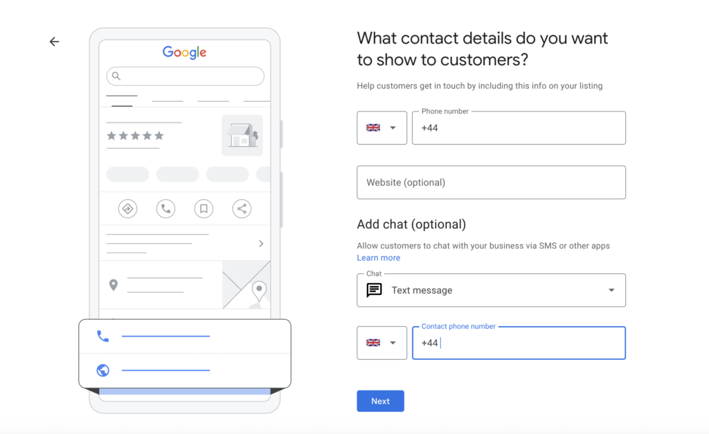 A screenshot of the contact details section of the Google Business Profile set-up website