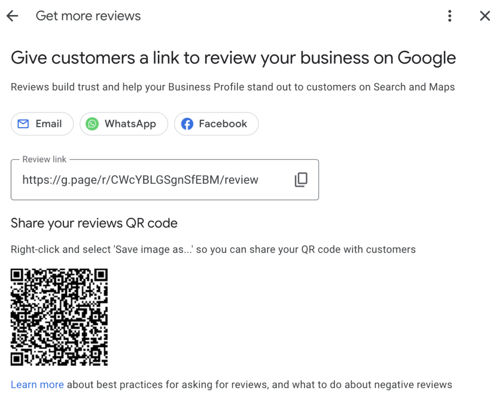 A screenshot of a review link and QR code