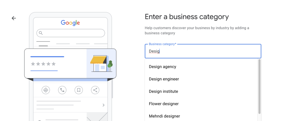 A screenshot of the process of finding GBP categories 