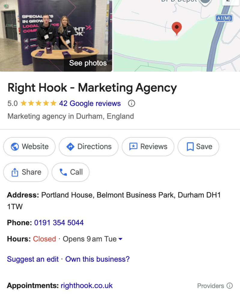 Screenshot of the Right Hook GBP