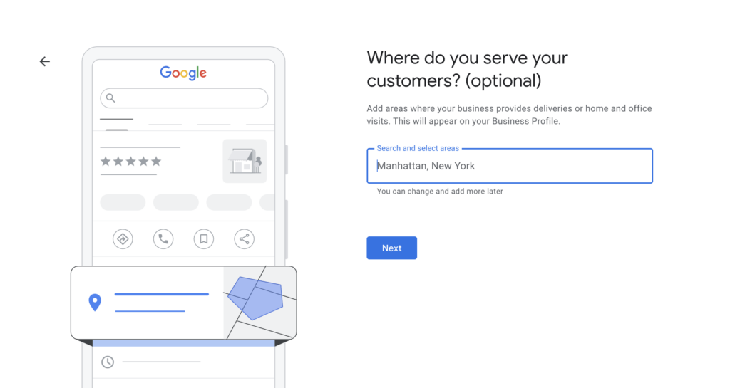 Screenshot of select service area page on Google